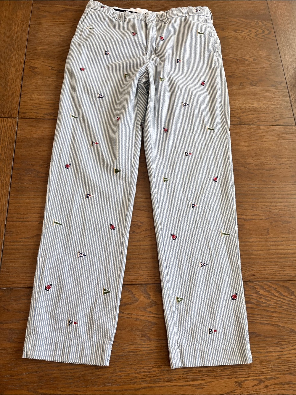 Polo Ralph Lauren Seersucker Blue White Stripe Embroidery Pants Mens 34 Flags
